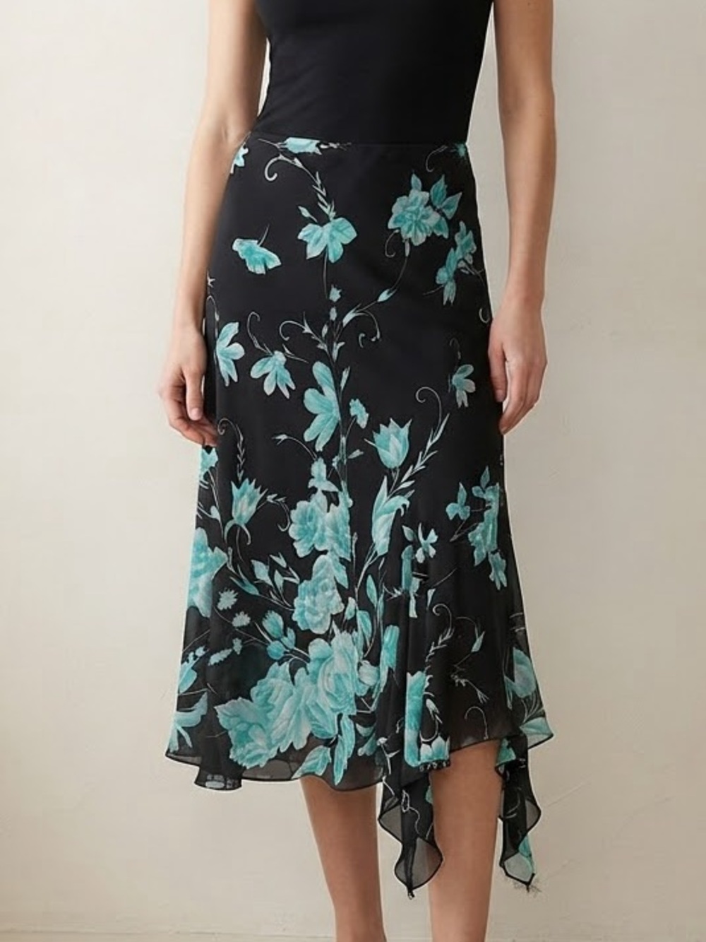 Vamp Y2K Black Floral Asymmetrical Midi Skirt with Teal Bloom Size Medium